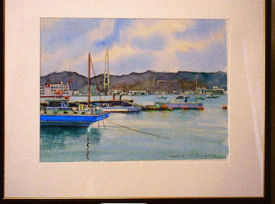 水彩画 港の風景 2023作 原画 F6サイズ 額装済み