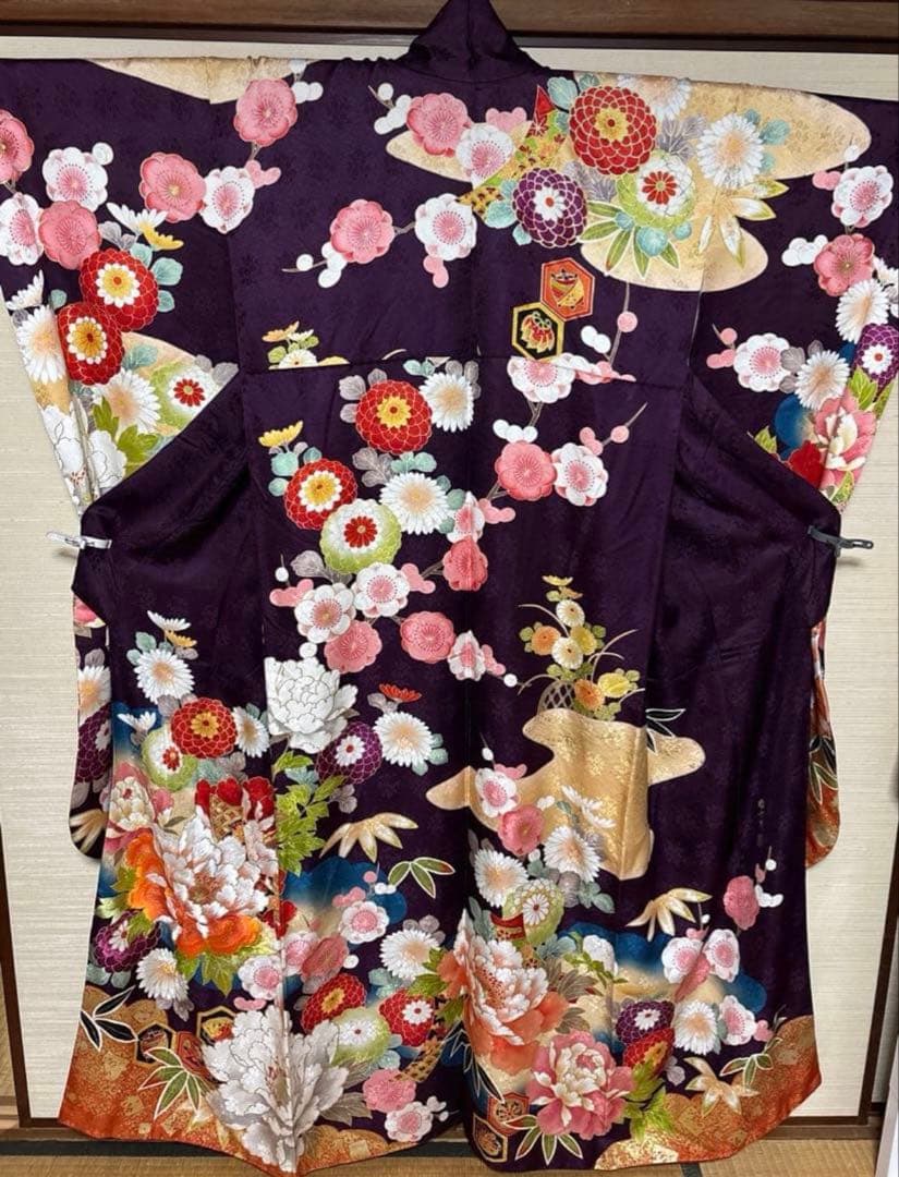 紫 古典柄 花々 振袖 身丈162