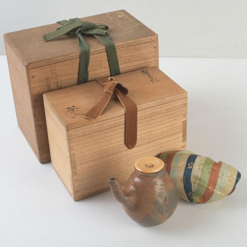 茶道具　備前焼　古備前　火襷　水滴　茶入　袱紗付　共箱二重箱　V　9374