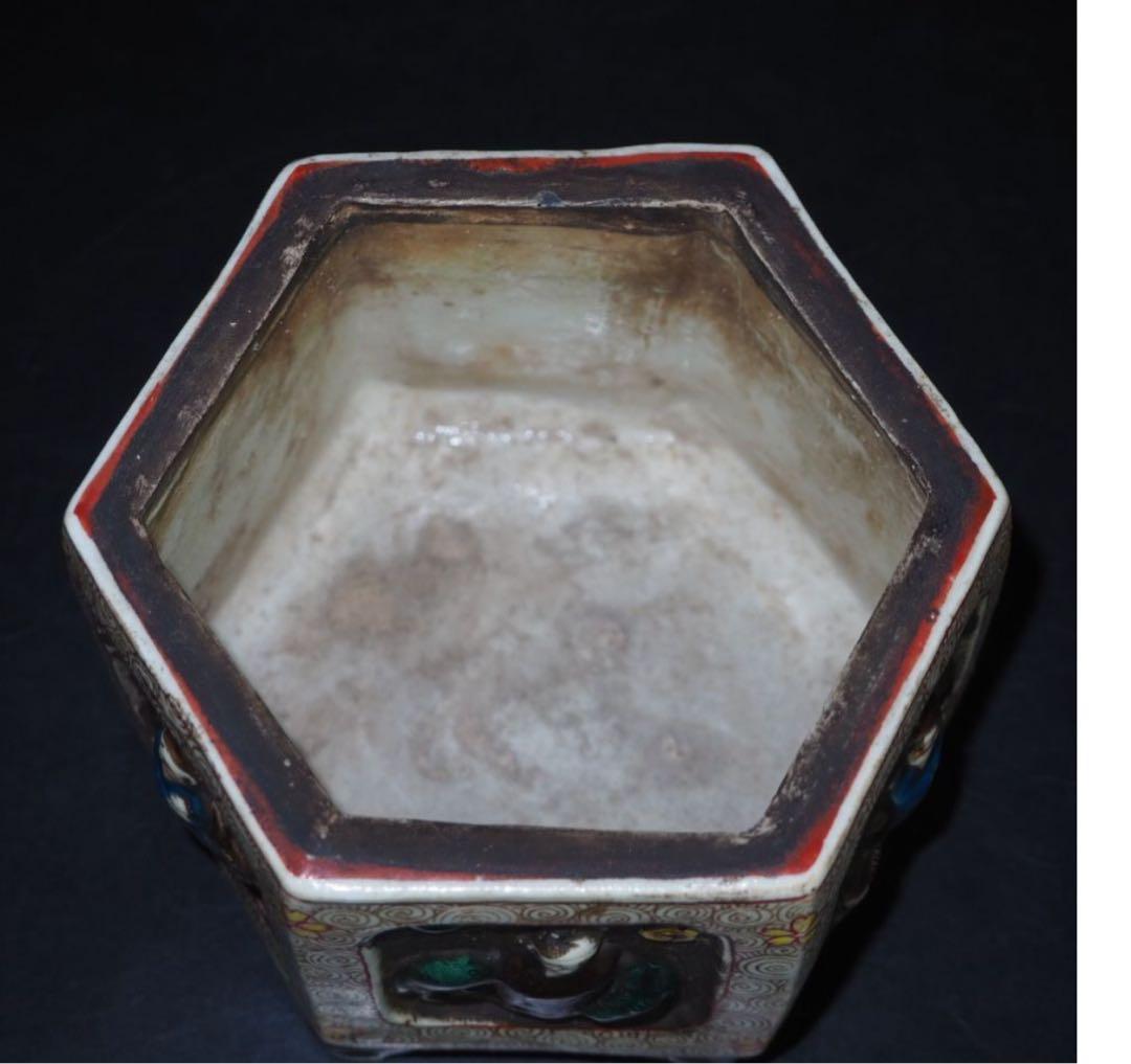 送料無料　江戸時代後期　九谷焼『角福』銘　獅子紐六角香炉　本物保証　木箱