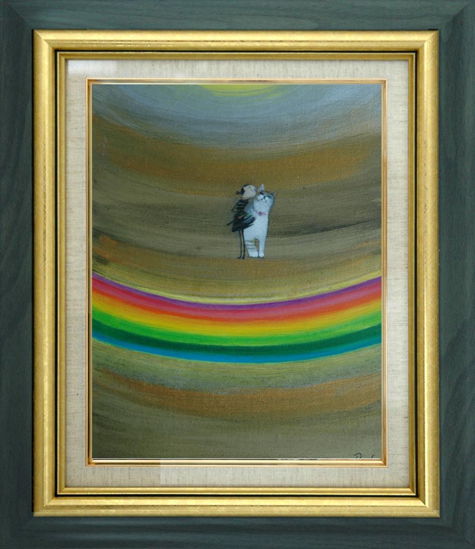 油絵 菅家令子絵 絵画インテリア額付(青緑＋金色の枠)F3-030919猫犬女子