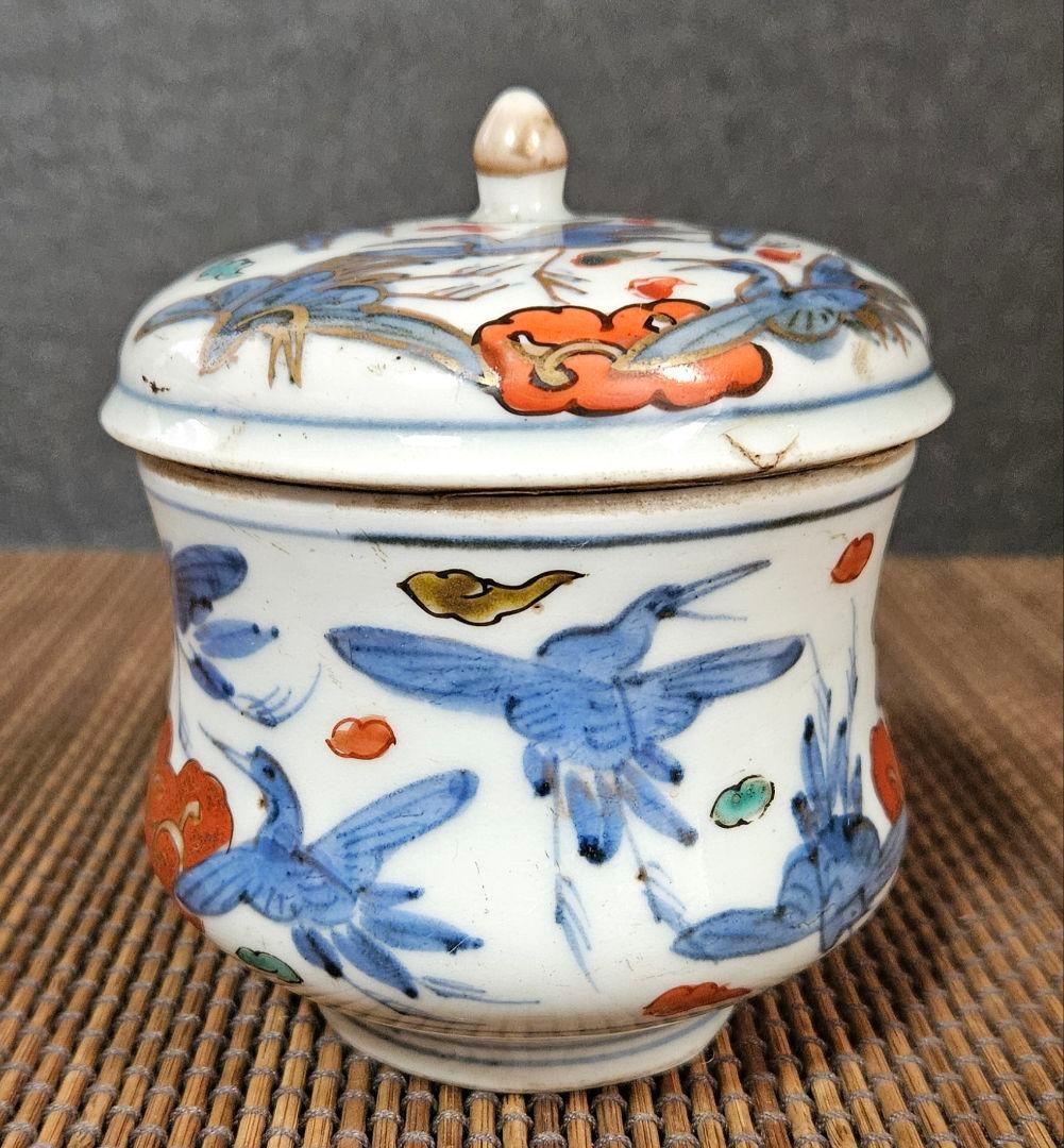 江戸時代後期　古伊万里　染錦　雲鶴　15羽図　蓋付　キャンディーポット　小物入れ