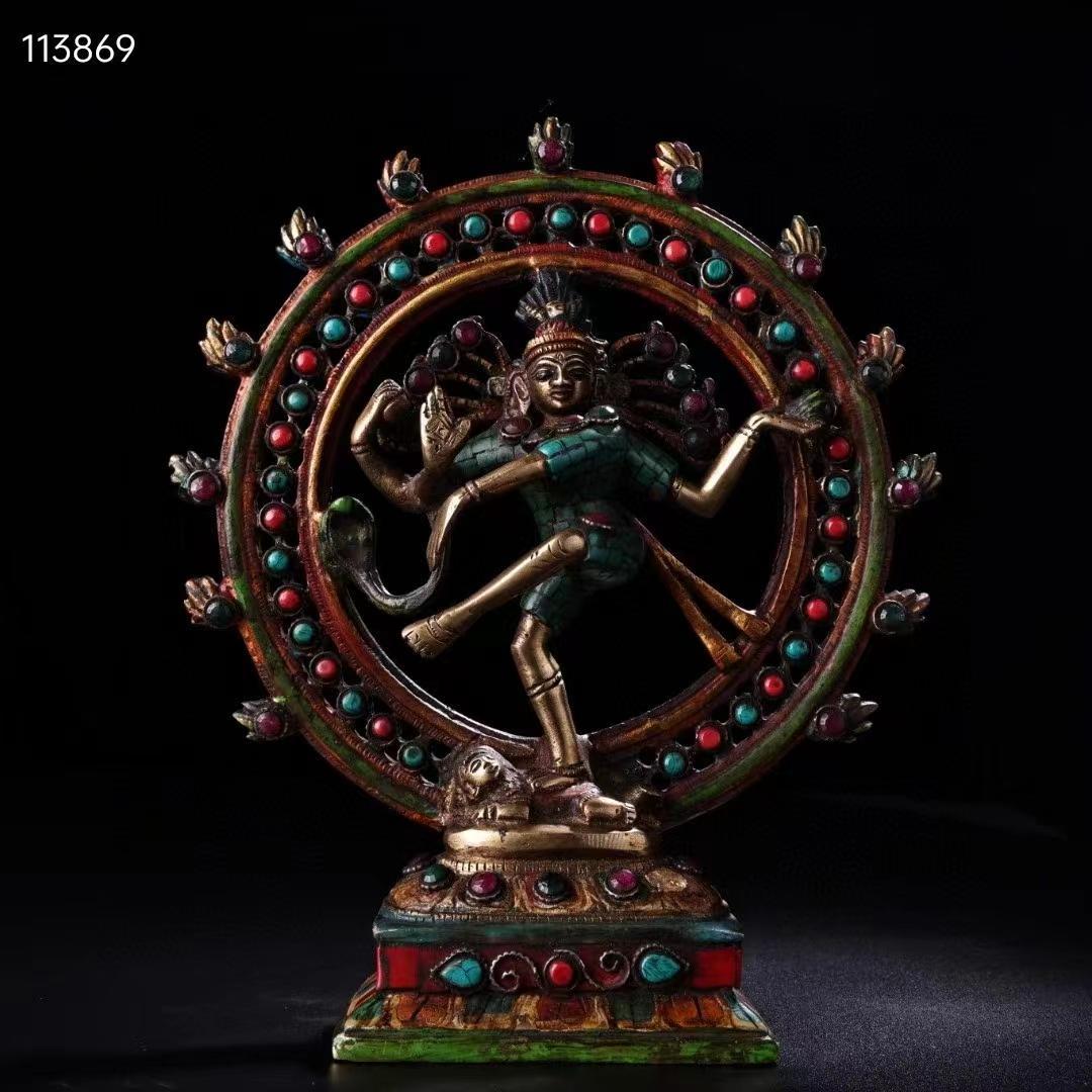 中国古美術・チベット収・純銅・蔵伝工芸・宝石彩絵描金・立自在度母・置物・供養仏像