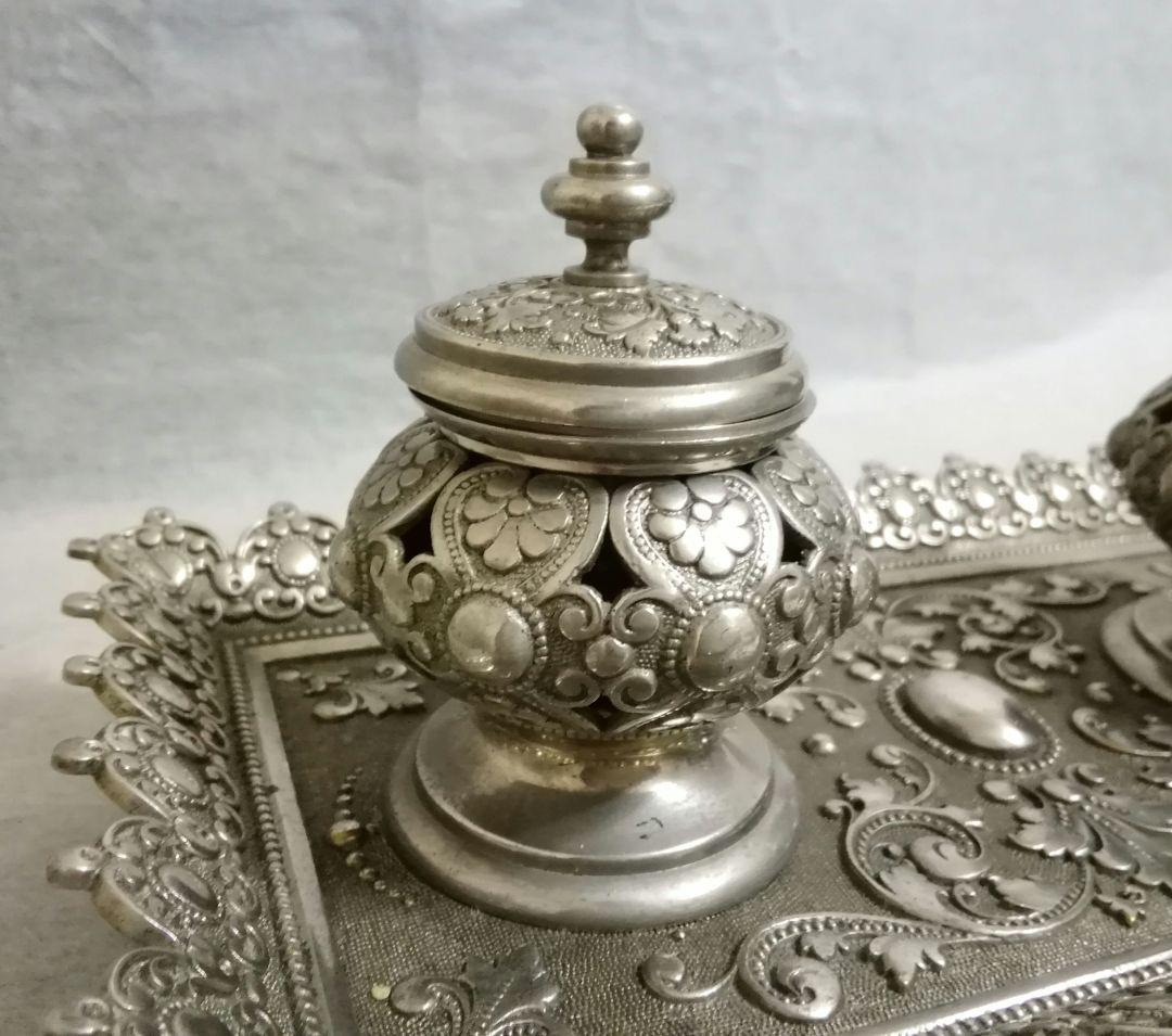 逸品　ナポレオン三世　フランス　真鍮製　ダブルインクポット　トレー　アンティーク