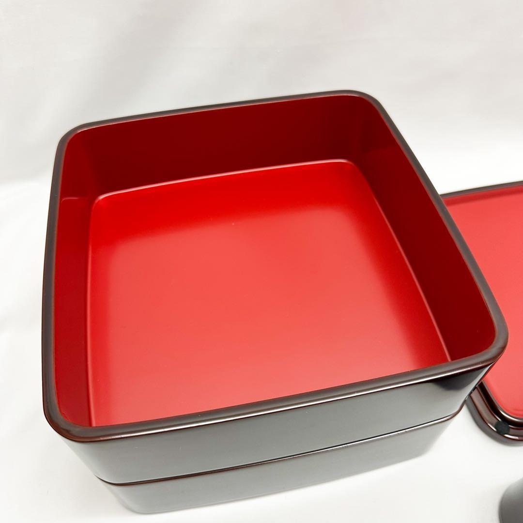 希少 未使用 輪島塗 角型 三段重 無地 W20×H19cm 溜蝋色 共箱付