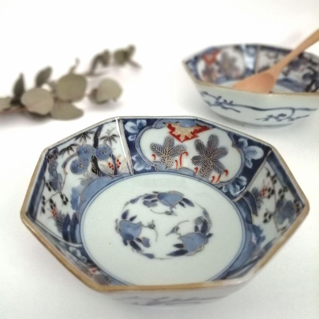 古伊万里　角福　色絵　若松　松竹梅に桃図　八角　なます皿　２客