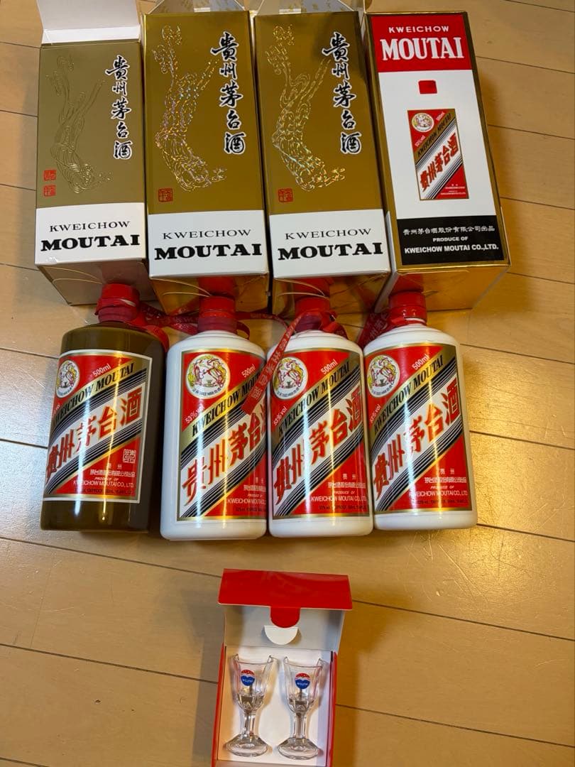 茅台酒Moutai 500ml 53% 白酒 空瓶5本、酒グラス1セット