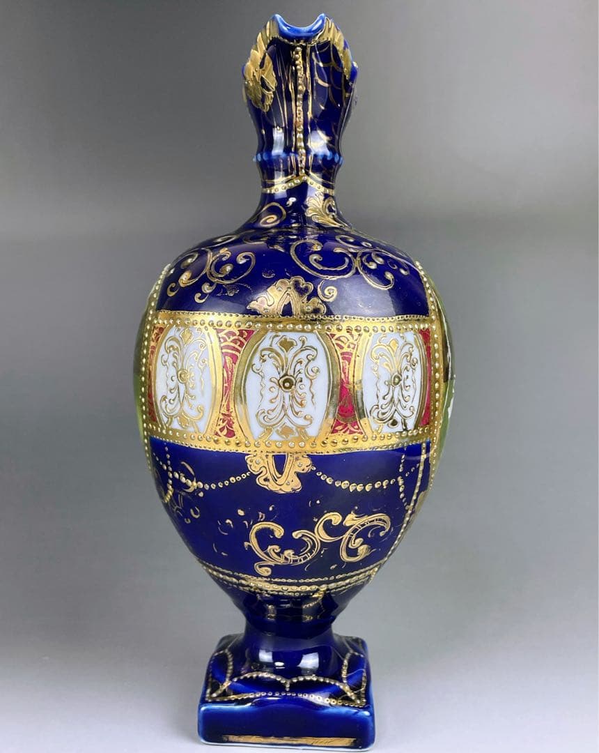 【希少】オールドニッポン ２５㎝ 瑠璃色風景紋スワン花瓶 ピッチャー 金盛り