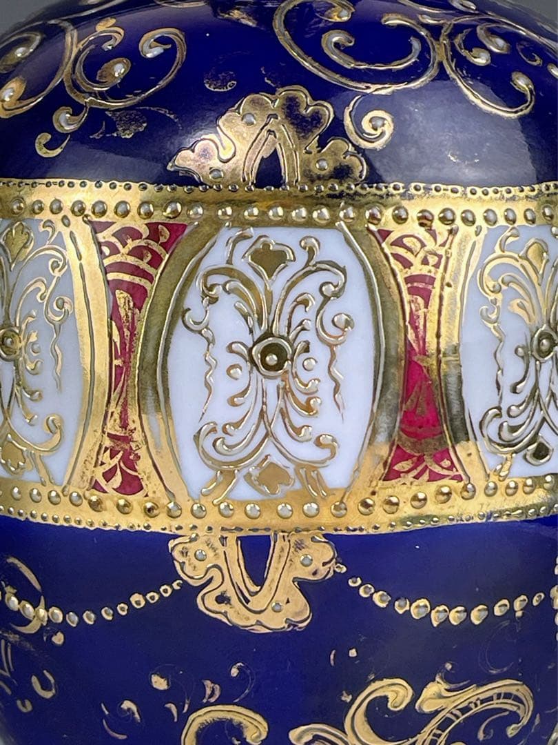 【希少】オールドニッポン ２５㎝ 瑠璃色風景紋スワン花瓶 ピッチャー 金盛り