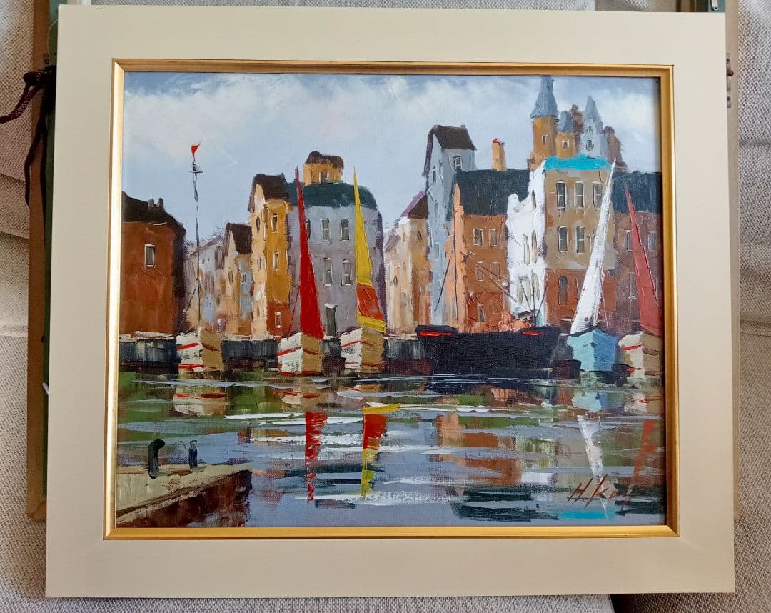 額縁付 １点物 油彩画 黒沢久 風景画『オンフルール』56 × 63cm