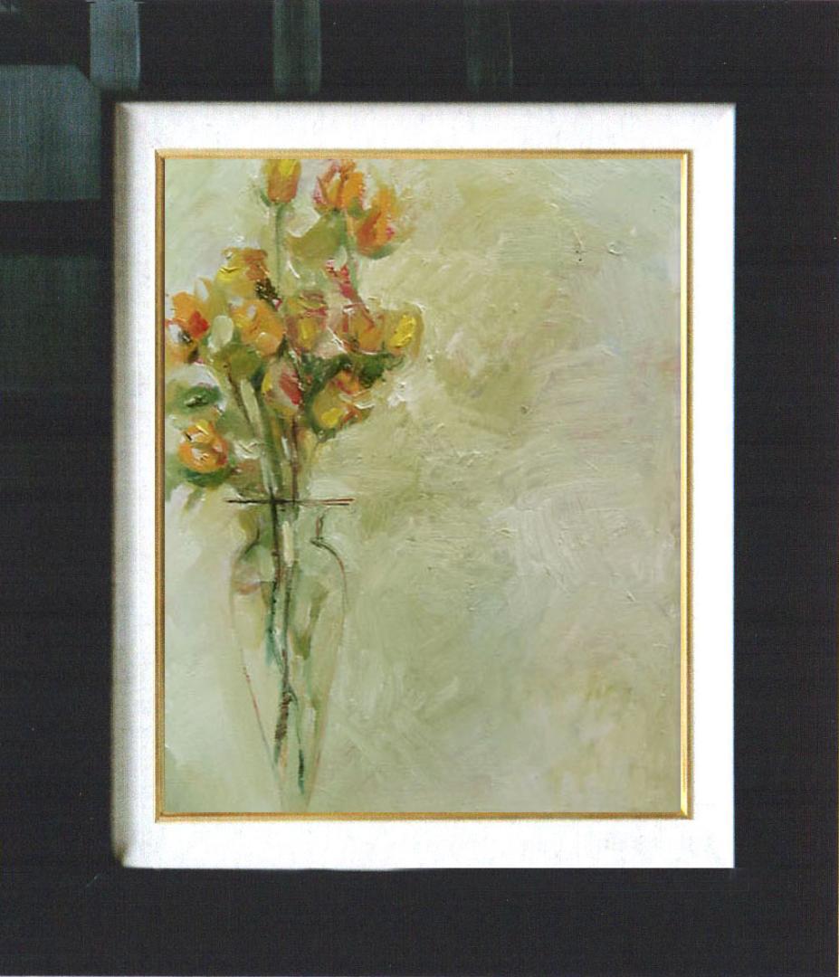 油絵 菅家令子 絵画インテリア 額付(青緑＋金色の枠) uF6-113402ばら