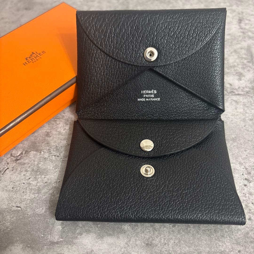 エルメス　カルヴィデュオ　W刻印　シェーヴル　ブラック　黒　カードケース　財布