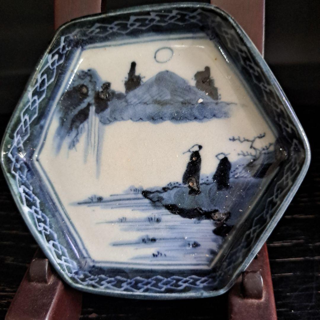 江戸初期　呉須　六角型　　豆皿　超極上　山水人物 月夜のウサギ図　１客　完品に近