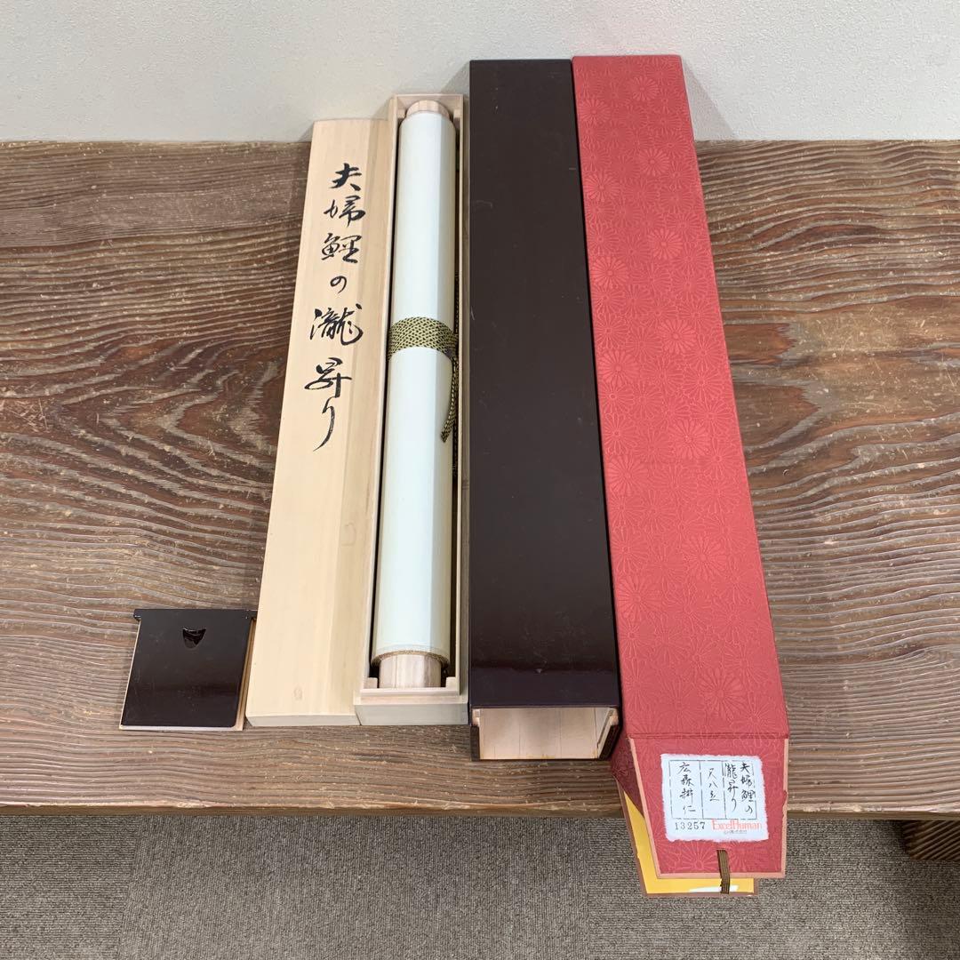 美品 掛け軸 広森耕仁作 夫婦鯉の滝登り図 共箱 太巻き付 美術年鑑掲載作家