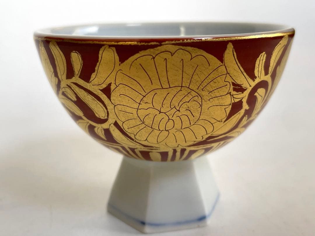 陶芸家　小野珀子　金襴手　酒盃　馬上杯　高脚杯　ぐい呑　酒器　共箱　九谷焼　猪口