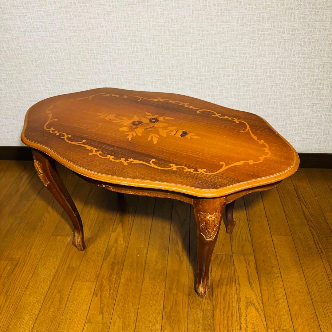 サイドテーブル　コーヒーテーブル　象嵌　イタリアアンティーク　猫脚