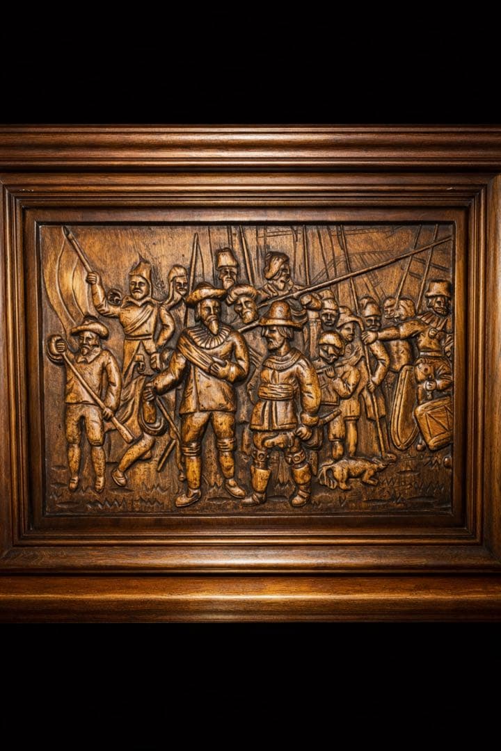 今日までセール高級60年代ビンテージ　木彫りレリーフ額絵　夜警