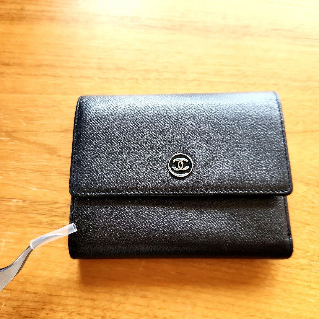 CHANELココボタン 三つ折り財布 ブラックレディース