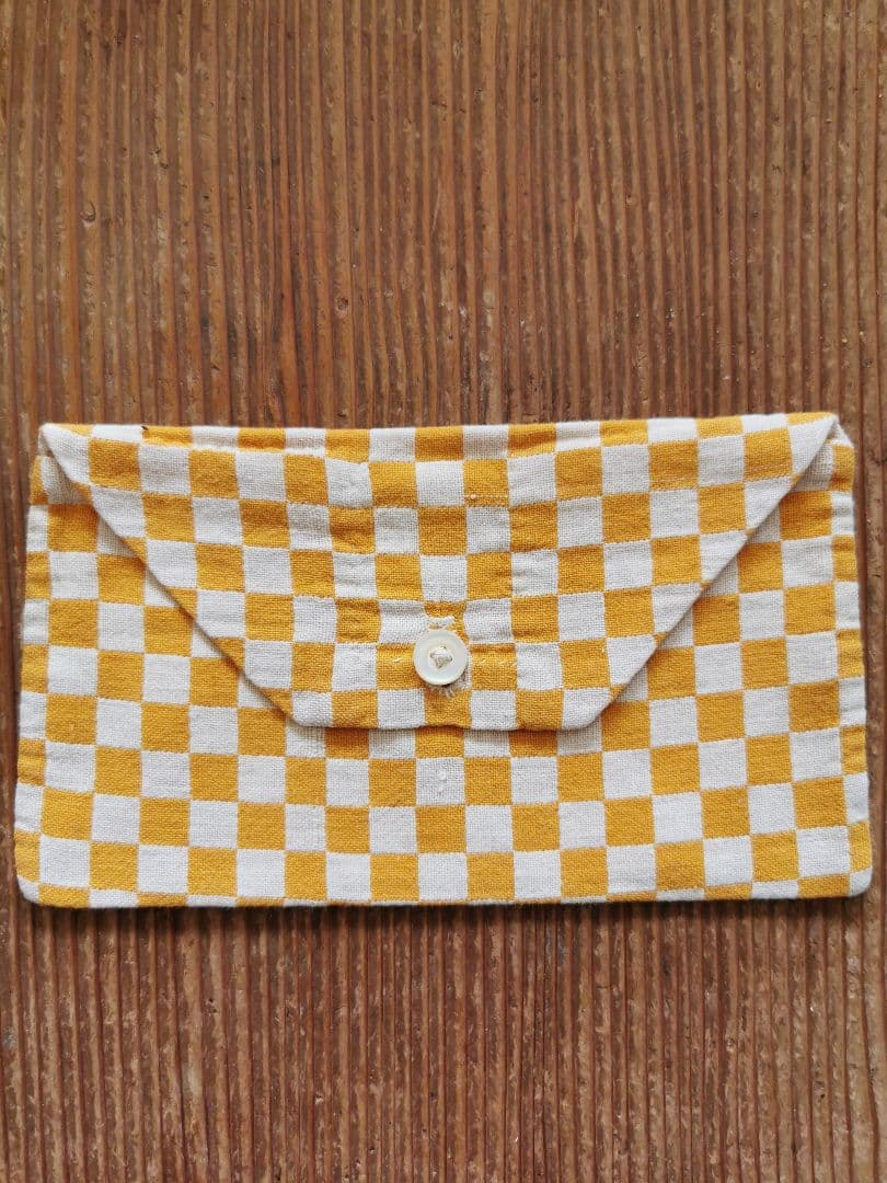 アンティークフランス イエロー＆アイボリー 市松模様織ケース 真珠色シェルボタン