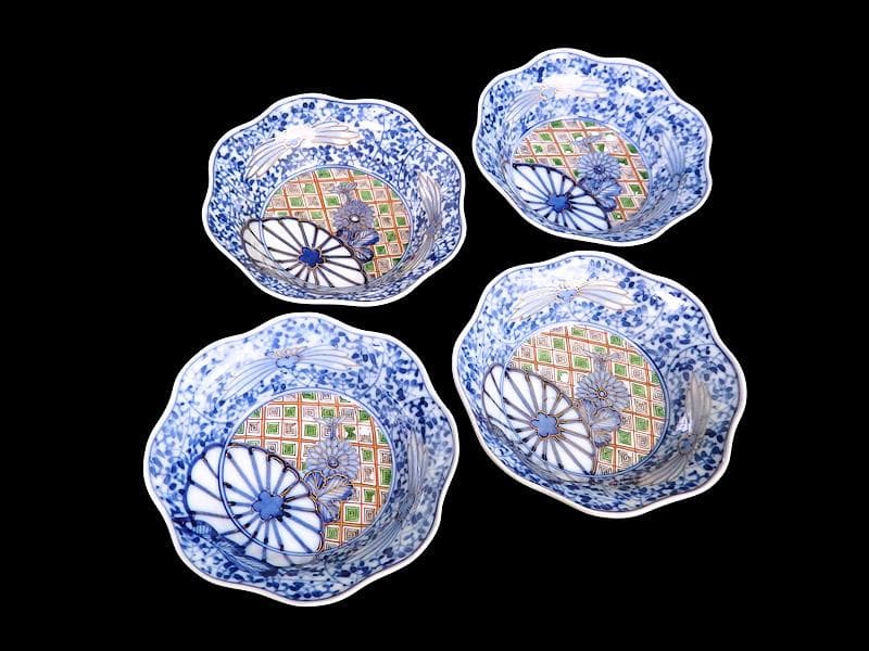 大聖寺伊万里　　微塵唐草に菊の図　小振輪花膾皿　４客　F498AS-fbvi