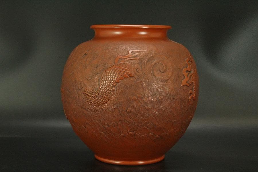 古美術 朱泥 雲龍紋 丸壷 在印 美品(BB507)