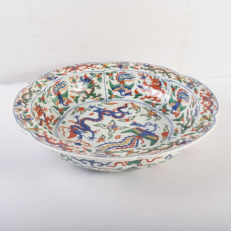 中国　大明萬暦年製　五彩龍鳳凰文　輪花鉢　大皿　直径約40㎝　V　R7860C