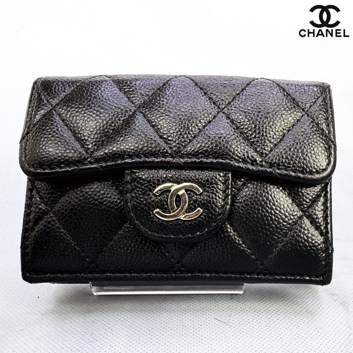 563　超美品　CHANEL　キャビアスキンマトラッセ　Wホック三つ折りミニ財布