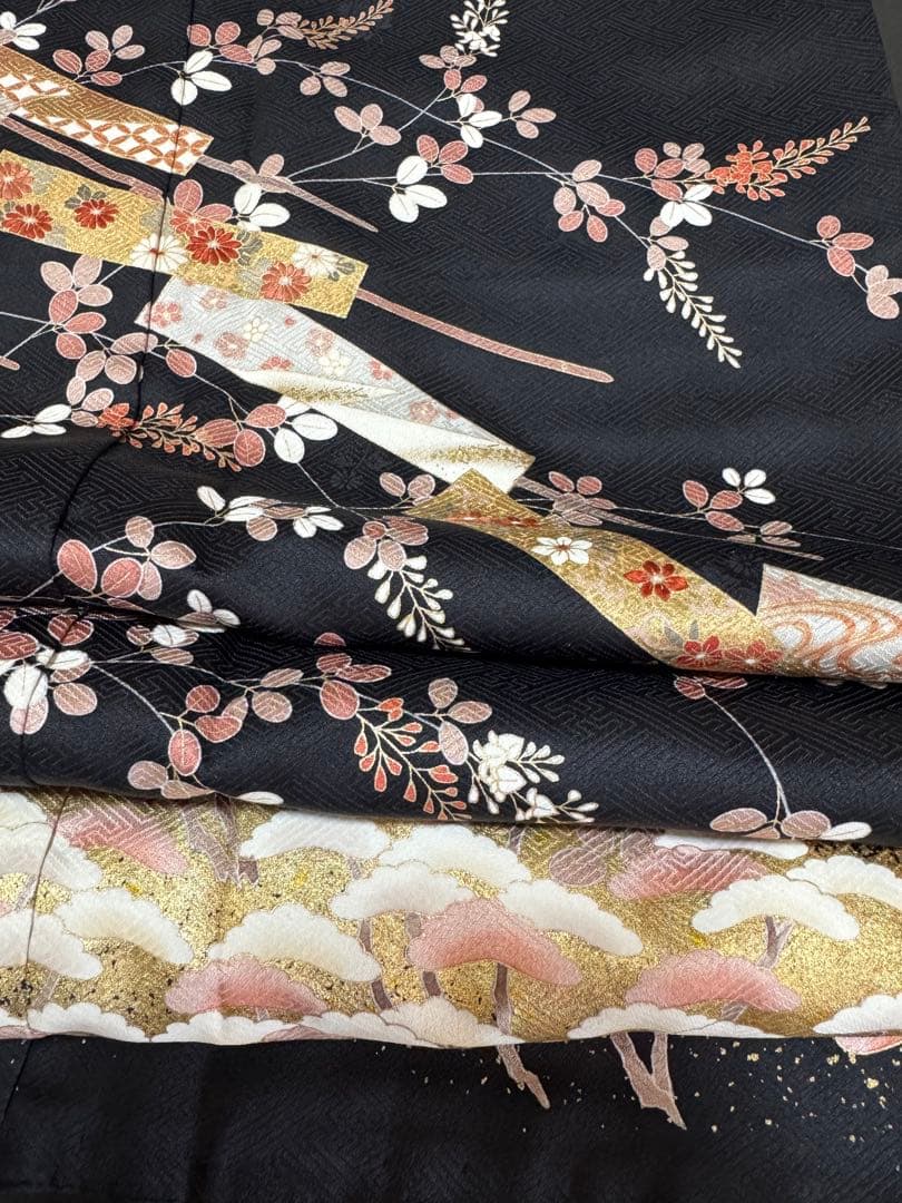 【極美品】京都染匠名門「染の川勝謹製」黒地「松萩文様 舞扇文様」手描き京友禅