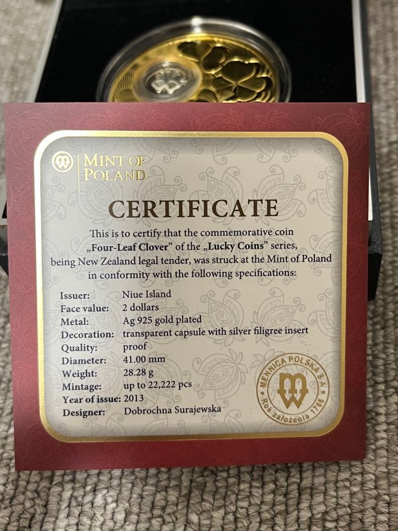 2013　ニウエ　幸運の四つ葉のクローバー　チャーム入り　金メッキ　銀貨　