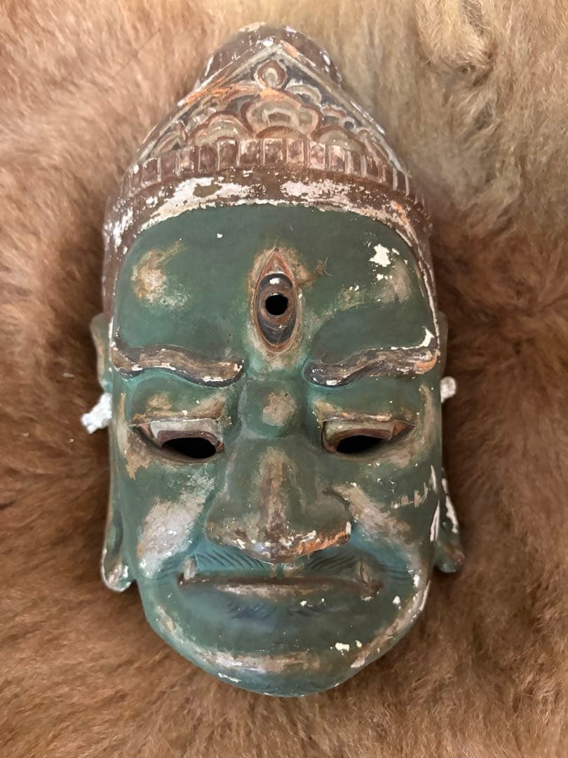 緑色仏様　神様　お面　能面　Japan ビンテージ　骨董