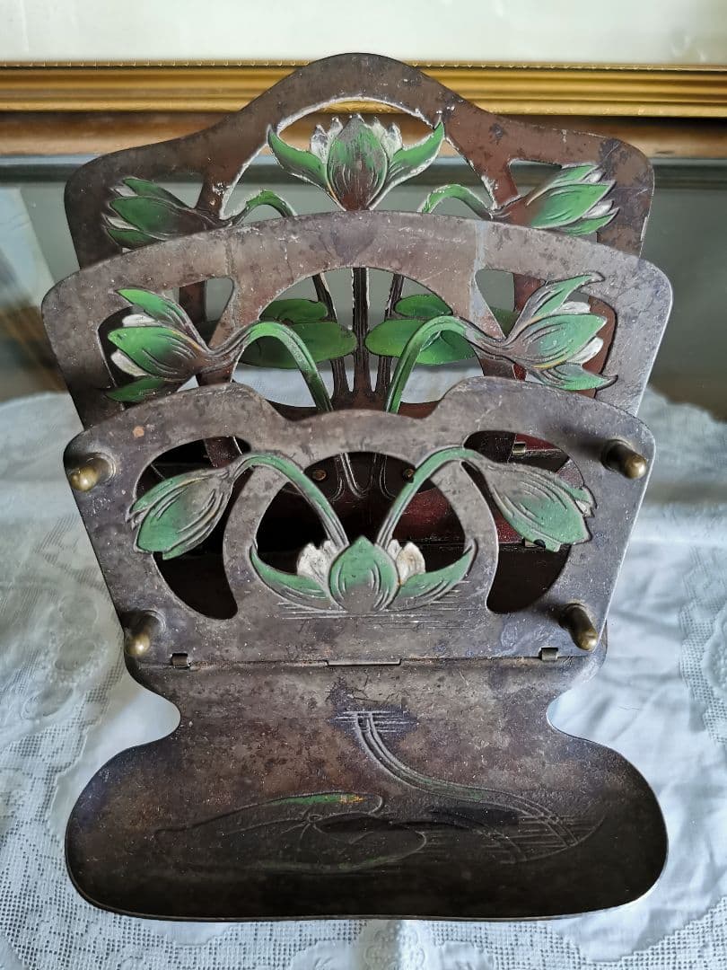 アンティークドイツ アールヌーヴォー ロータス 白水蓮レリーフ折畳レタースタンド