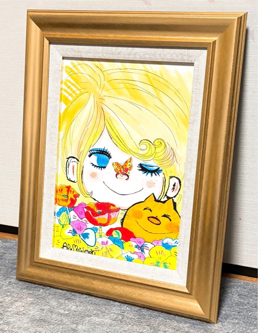 【F4号】手描き油彩　水森亜土　額縁　未使用額　サイン　人気作品　絵画　人気作家