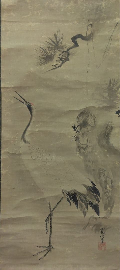 狩野融川【寛信】紙本　三幅 掛軸（江戸　鶴　布袋　唐子　古画）