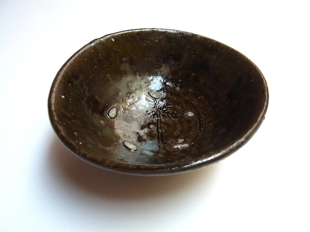 森岡成好『灰釉碗（ヤシの木・陰刻）』／古民藝 李朝 骨董 パナリ やちむん