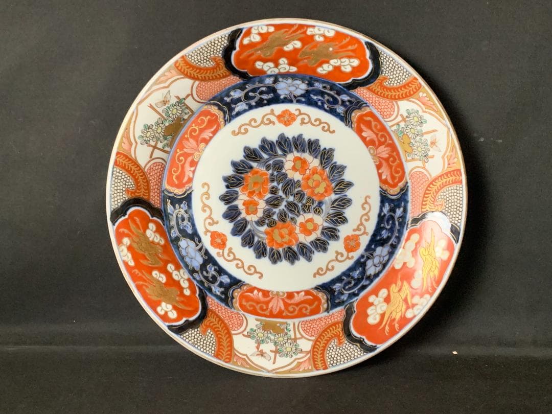 古伊万里 元禄伊万里 金襴手 染錦 双鶴花蝶 牡丹文 大飾皿 34cm 江戸中期