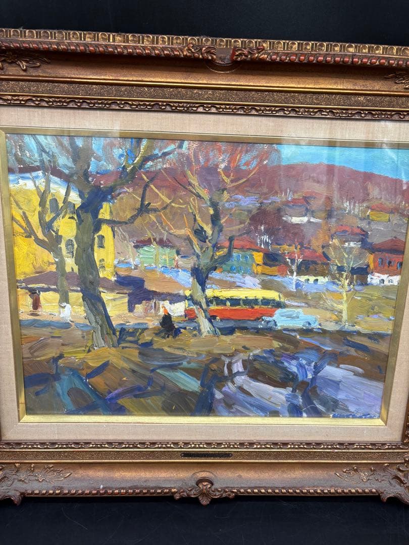 マクシュートフ　絵画　油絵　【ウラルの町で】　箱付き　当時物　ソビエト絵画