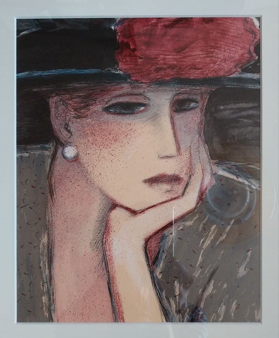 Ｊ・P・カシニョールのリトグラフ　「赤い花飾りの帽子」