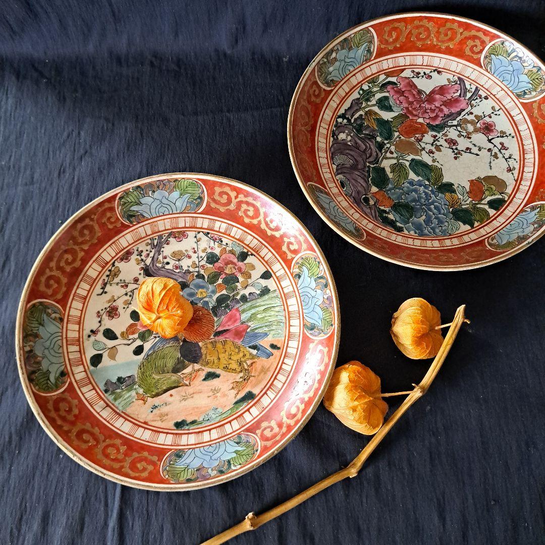 「華やかに、九谷の皿を食卓に」 九谷焼色絵皿(直径21cm) 2客セット 骨董ア