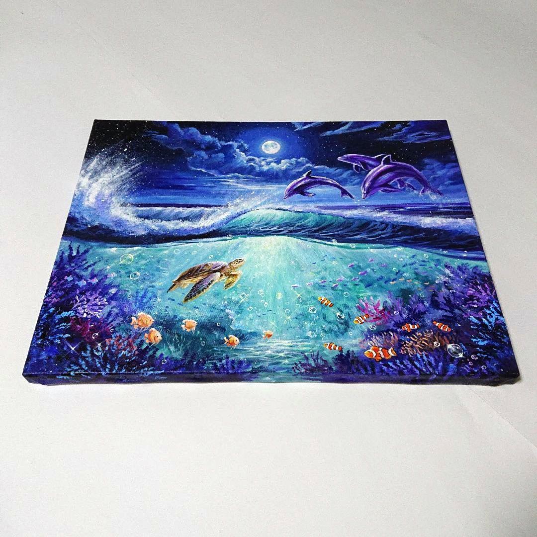 【月夜に輝く海の世界】アクリル画 F6 風景画 絵画 動物画 海の絵