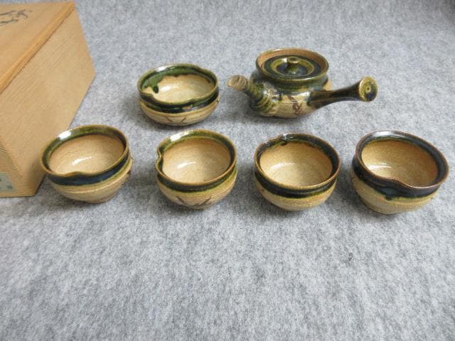 玉樹窯三宅紀保織部焼煎茶器揃え共箱附 [B27997]