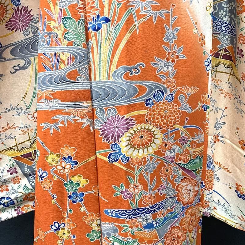 412ag66□七五三 七歳 女児 着物&袋帯 縮緬地 型染 紅型風□状態良好u