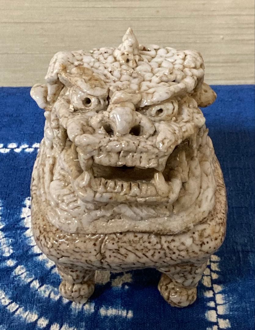 前川電光　唐獅子香炉　織部焼龍山窯