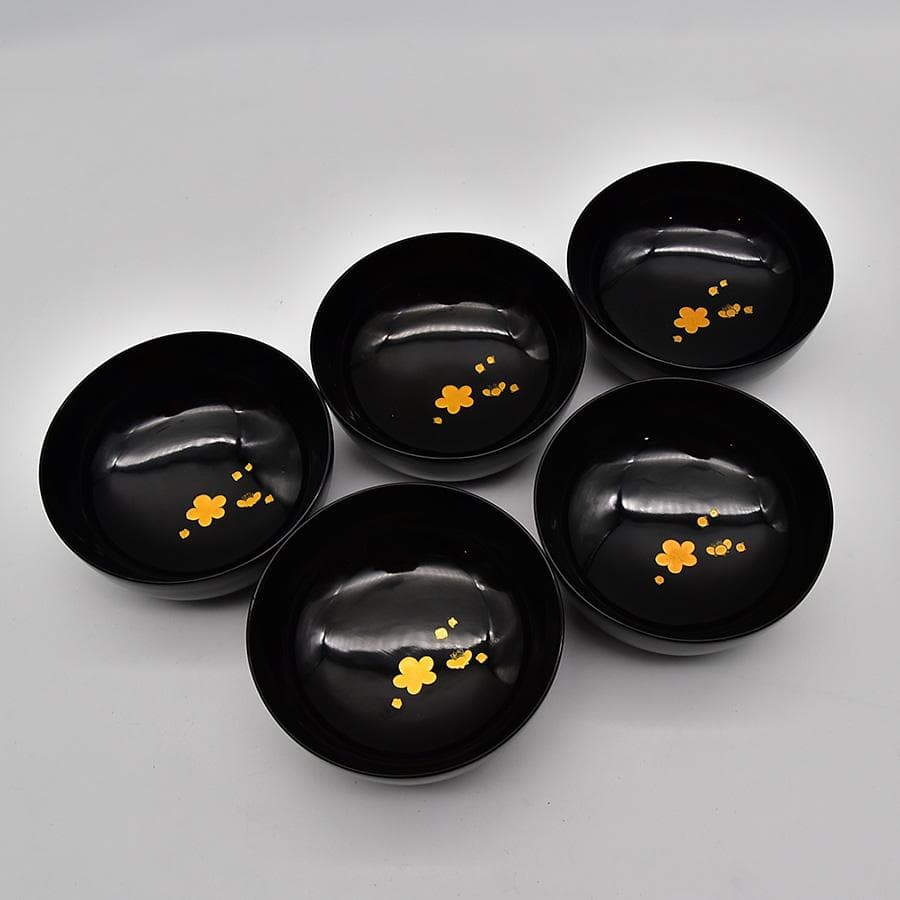 美品 輪島塗 木製 黒漆塗 竹に梅 金蒔絵 切金 吸い物椀 五客 漆器 漆芸