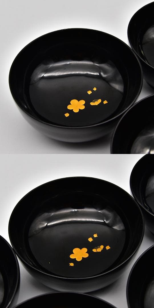 美品 輪島塗 木製 黒漆塗 竹に梅 金蒔絵 切金 吸い物椀 五客 漆器 漆芸