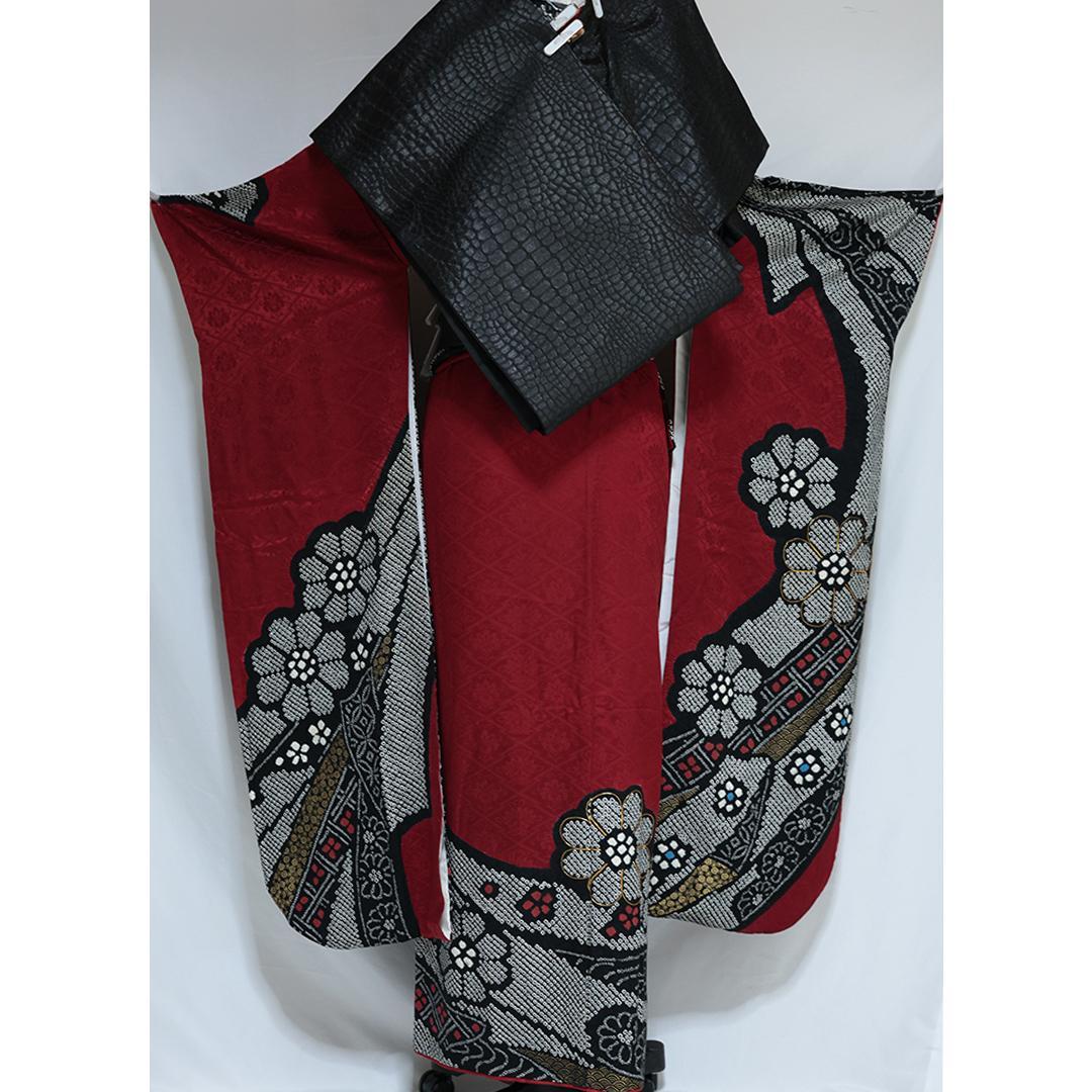 振袖と帯締め2点セット■丈166cm赤黒成人OR44