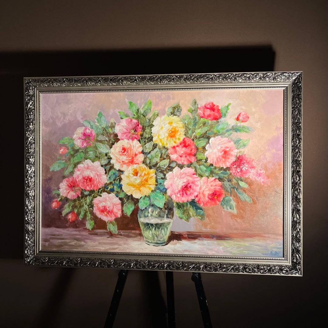 ★特大秀作★ 手書き油絵 花瓶の花 肉筆絵画 額付き インテリア 油彩画