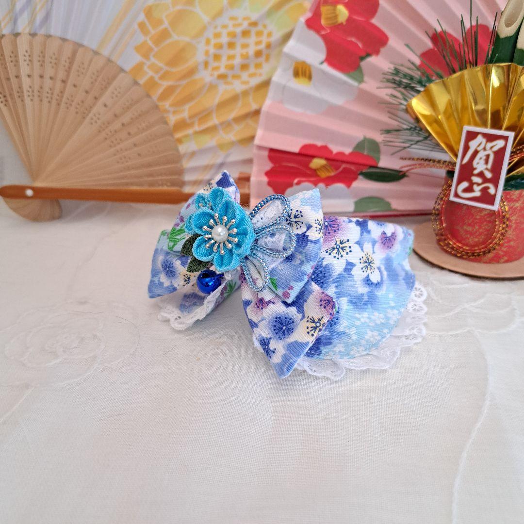 お正月仕様和風つまみ細工(水色②)わんちゃん猫ちゃん用襟つき首輪