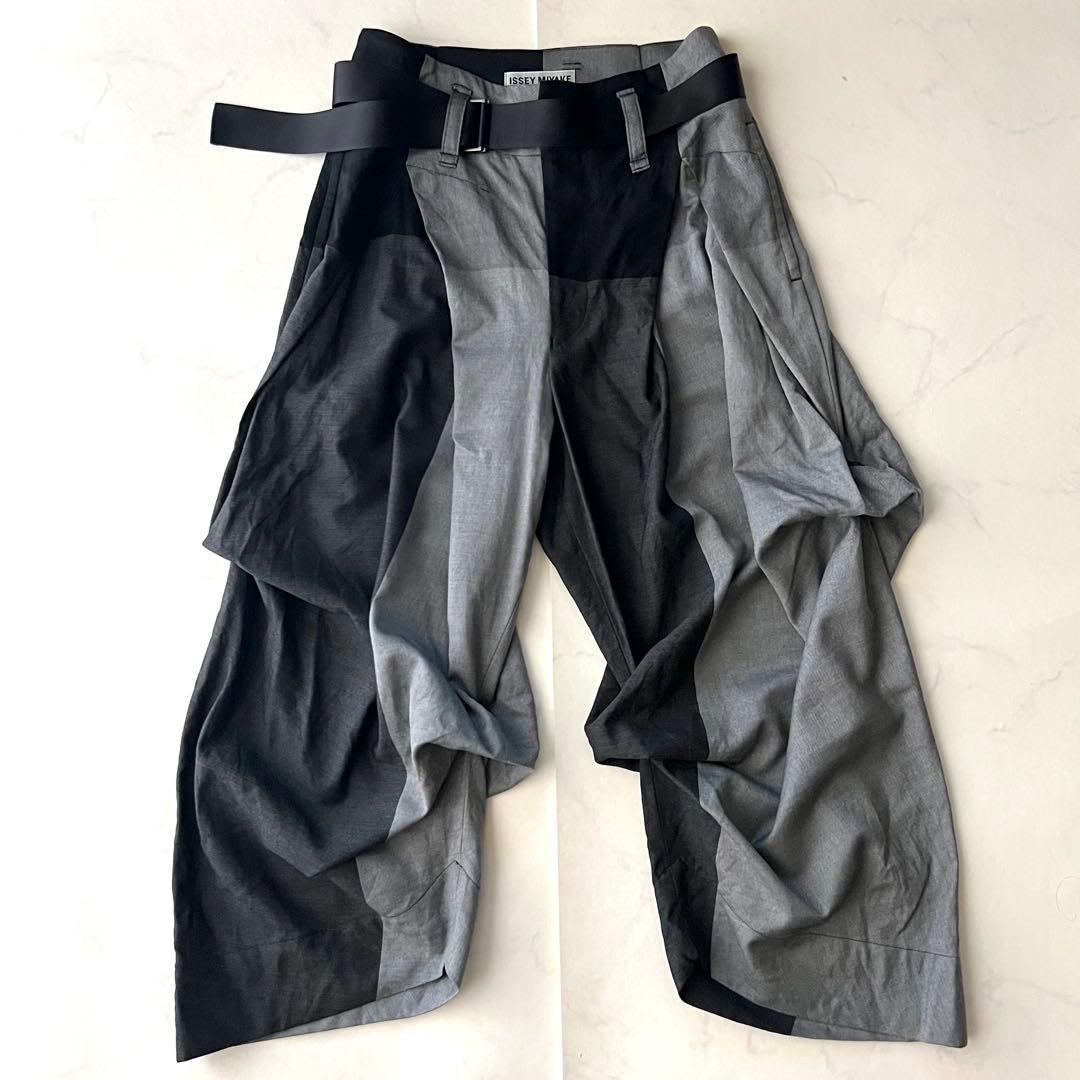 美品 イッセイミヤケ サルエルパンツ 変形 クレイジーパターン ベルト 2 M