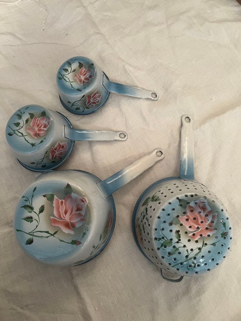 美品♡フランスアンティーク　ホーロー　薔薇　ウェディングセット　コランダー　鍋