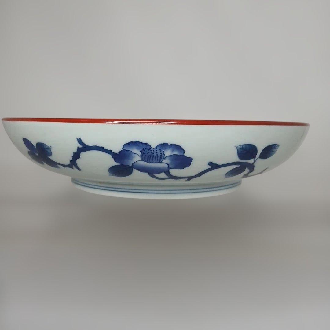 有田焼　(館林)喜助 作　『染錦椿盆栽　七寸深皿』　共箱付き